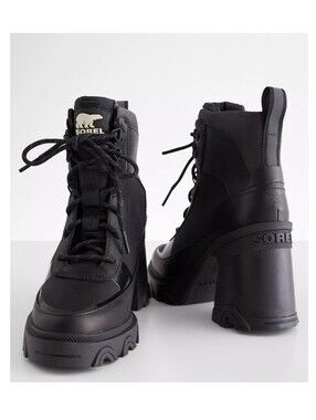 Sorel sz.8.5 Women's Black Lace-Up Heeled Boots chunky platform soles